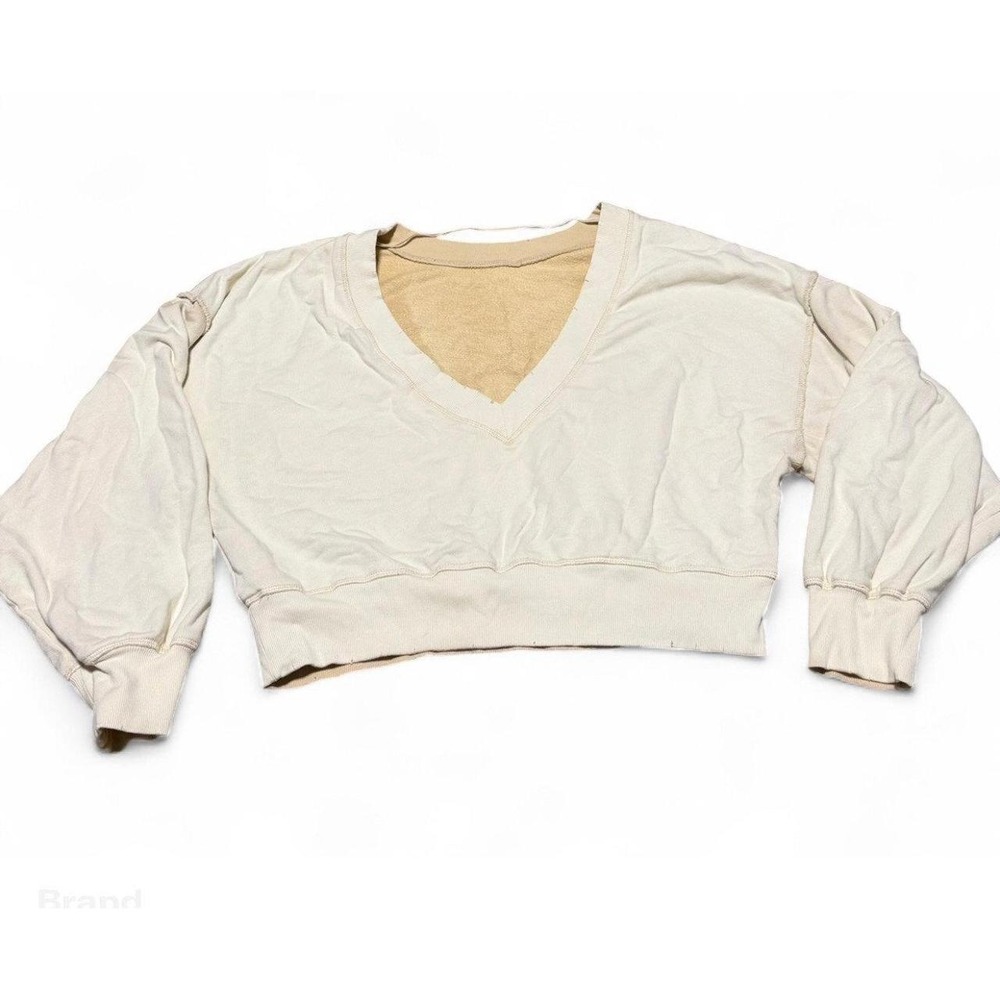 Free People Women's L/XL Beige V Neck Cropped Sweatshirt Oversized